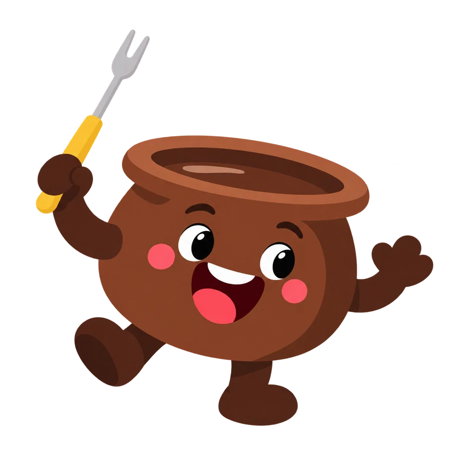 Fondi the fondue pot mascot waving a fork