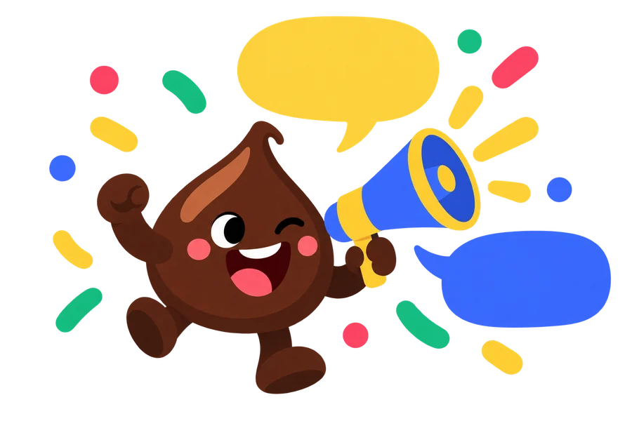 Choco shouting into a megaphone surrounded by speech bubbles